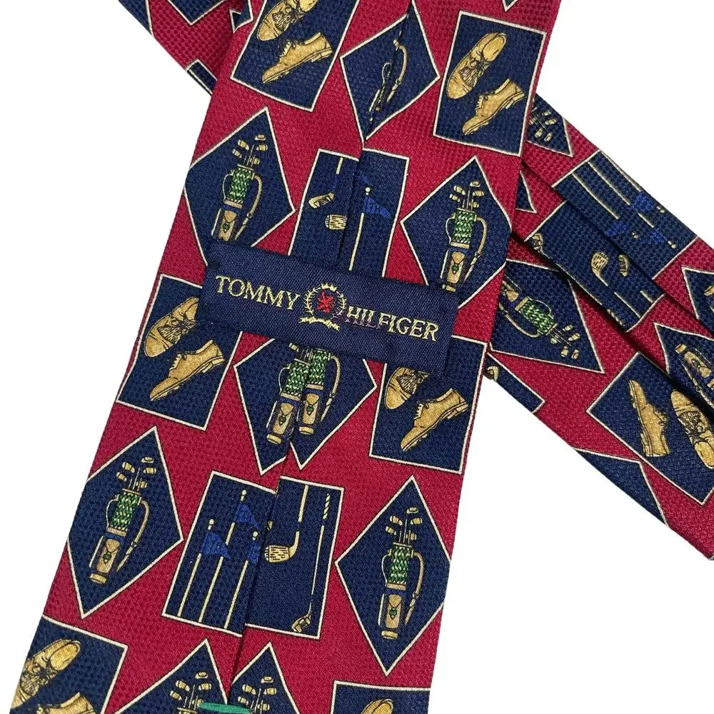 Vintage Tommy Hilfiger Burgundy 100% Silk Golf‎ Theme Career Casual Neck Tie 90s